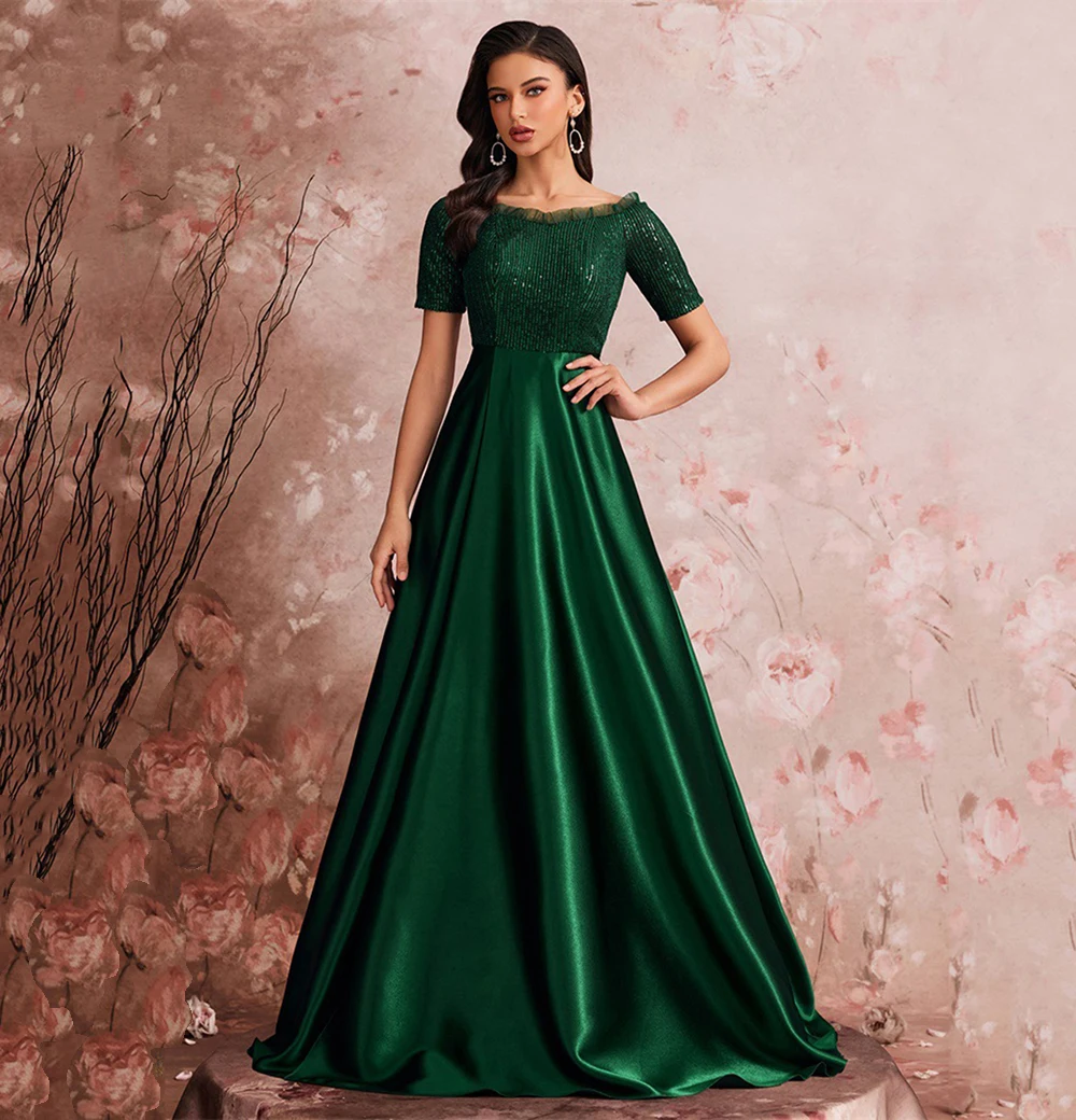 

Lignt Роскошное чернильно-зеленое атласное вечернее платье Женское платье трапециевидной формы с короткими рукавами и оборками с воротником-лодочкой