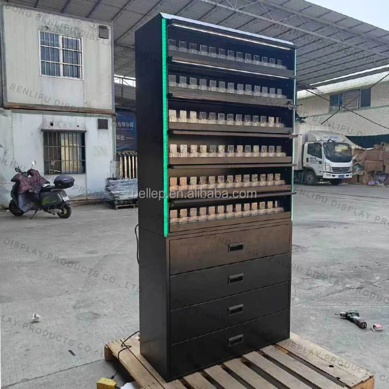 custom.Custom Lockable Metal Security Anti Theft Cabinet Floor Stand Pack Pusher Display Rack With Led Light