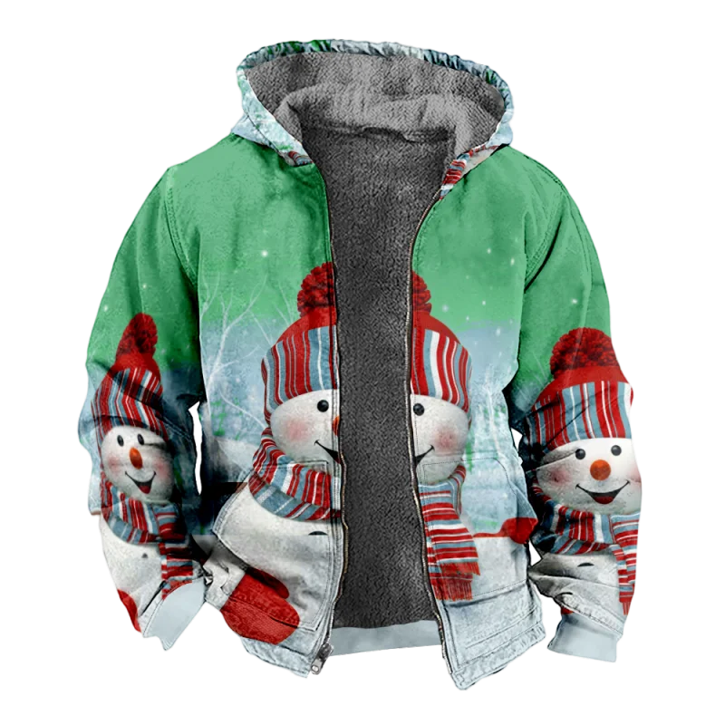 Christmas Creative Cotton Coat Hooded Sweater Casual Print Men's Fur Loop Arctic Velvet Zipper Patch Pocket Hooded Sweater a08