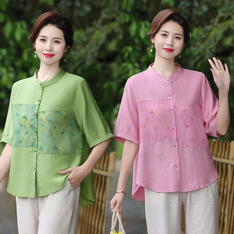 

Summer Middle Aged Elderly Women Vintage Stylish Print Blouse Elegant Patchwork V Neck Short sleeved Shirts Casual Loose Tops