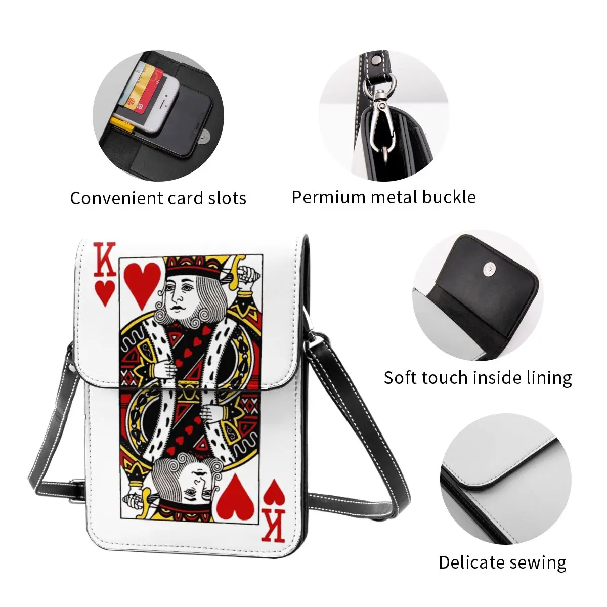 Poker Shoulder Bag KING OF HEARTS Work Leather Mobile Phone Bag Female Gift Vintage Bags