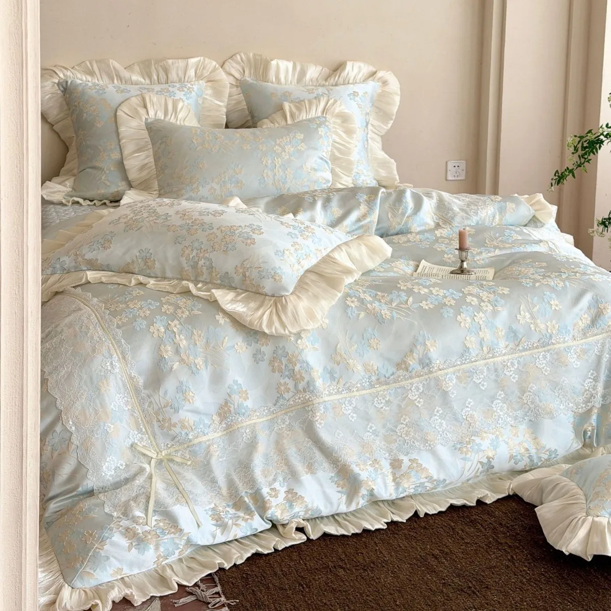 French Romantic Jacquard Tencel Four-piece Bed Cover Princess Wind Cool Silky Quilt Cover Lace Summer Bedding