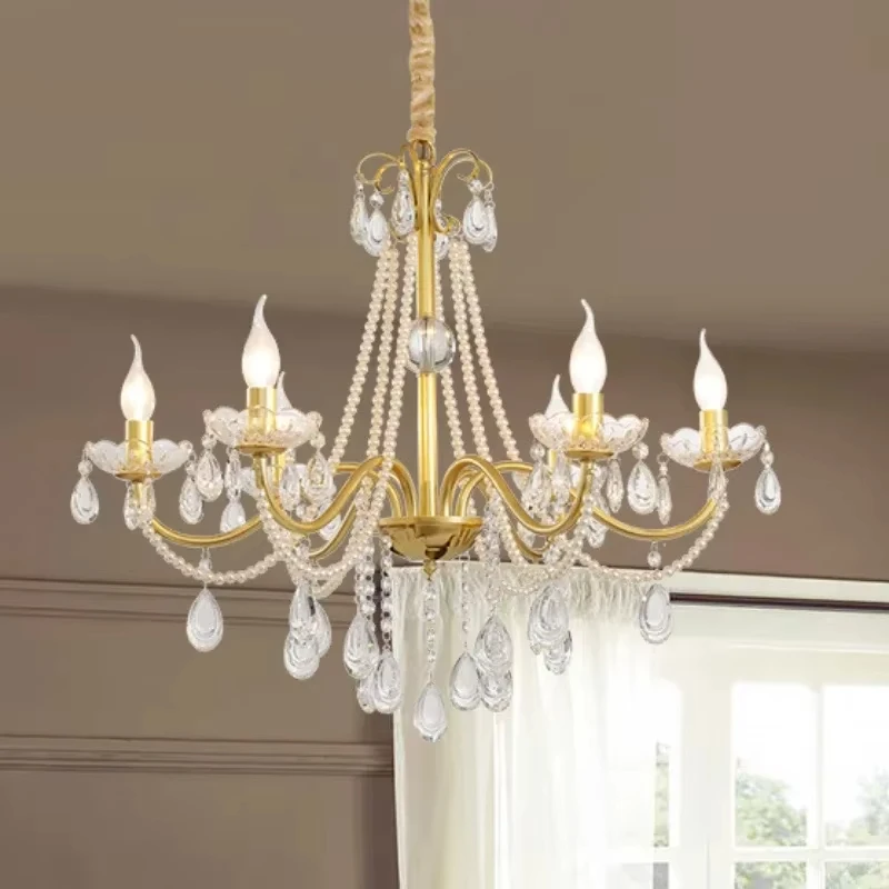 

Crystal Chandelier Luxury Room Decor Pearl Gold Chandelier Living Room Bedroom Aisle Attic Simulation Candle LED Chandelier