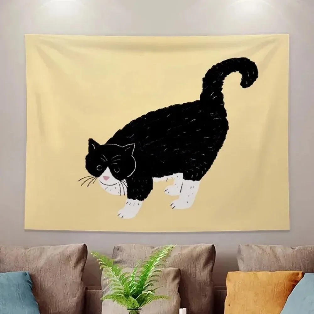 VIKAMA Wandteppich im nordischen Stil, Cartoon-Katze, niedliches schwarzes Katzenmuster, Schlafzimmer, Wohnzimmer, Flur, Wanddekoration, Wandteppich, Raumdekoration