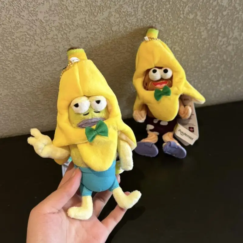 Cute Banana Hood Bikini Bottom Passerby Fish Plush Keychain Kawaii Green Bow Soft Pendant Angry Happy Face Bag Ornament for Fan