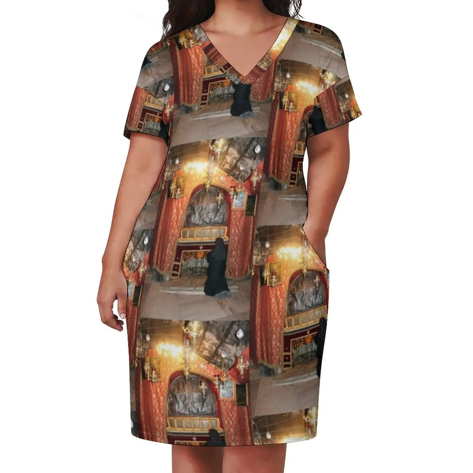 Praying at Nativity Grotto in Nativity Church Loose Pocket Dress Woman fashion party dresses woman