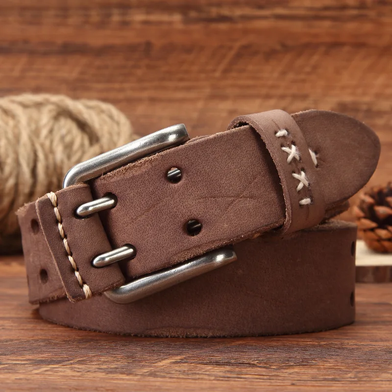 Genuine Cowhide Triple Prong Alloy Buckle Belt Polished Triple‑Tongue Metal Hardware Distinct Exposed Stitching  Construction