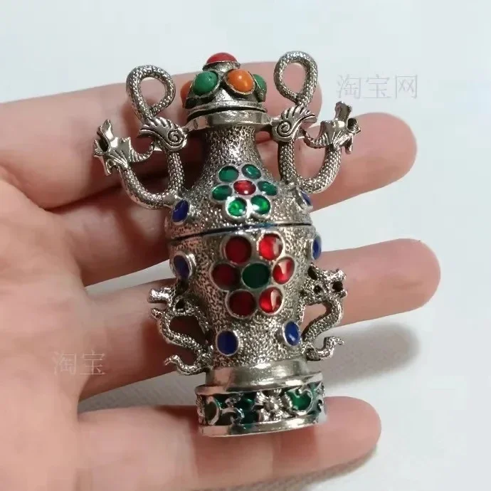 Hand-painted pink ceramic snuff bottle, copper cast double dragon and double phoenix antique porcelain snuff bottle, auspicious