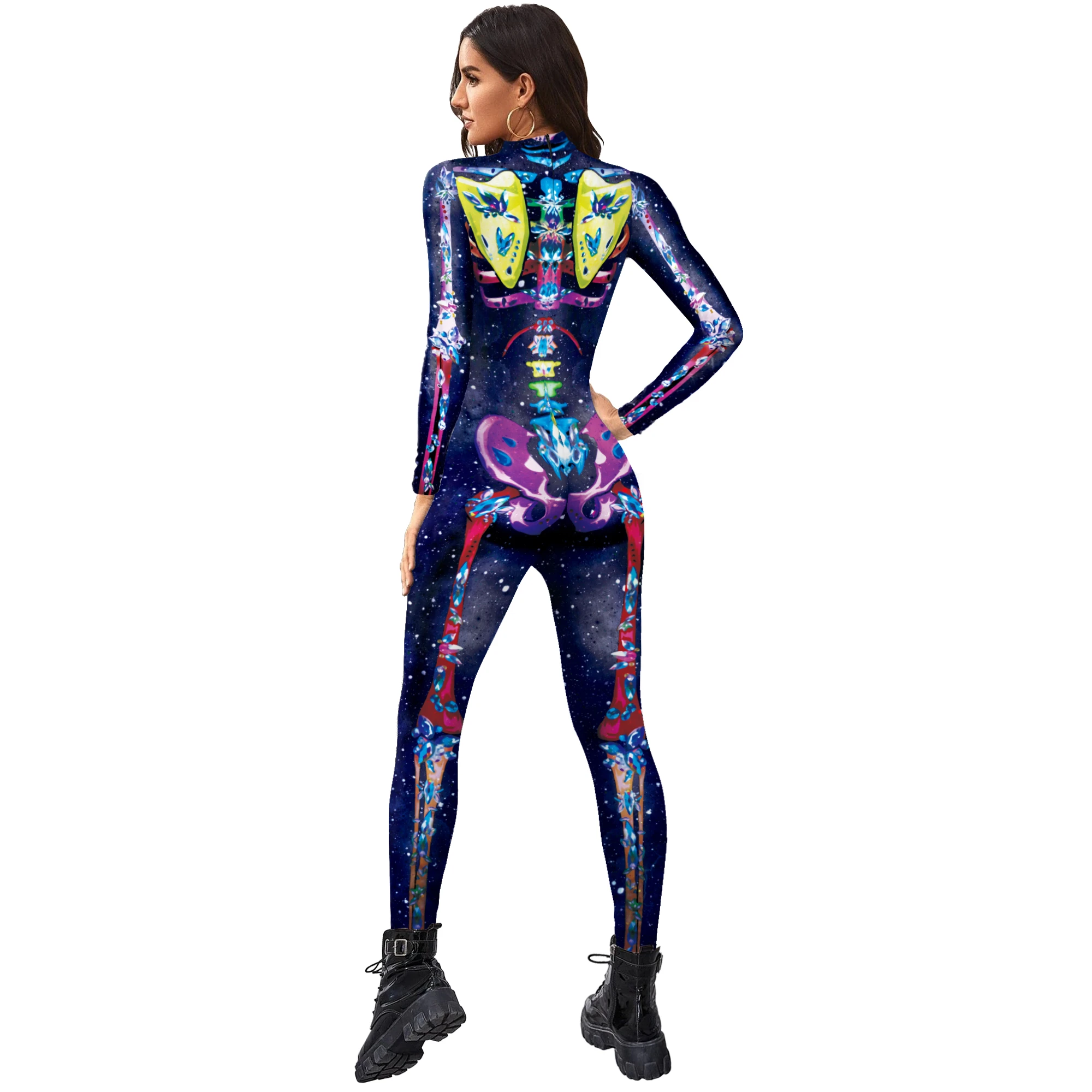 IOOTIANY Horror Lila Totenkopf-Druck Bodysuit Day of the Dead Halloween Feiertags-Spielset Erwachsenen-Jumpsuit Karneval Cosplay Zentai Kostüm – Detail 5