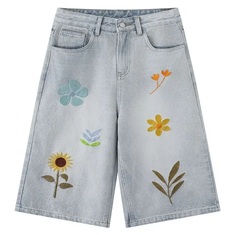 

Women Summer Vintage Flower Embroidery Y2k Jeans Female High Waist Loose Fit Wide Leg Denim Shorts Streetwear Casual Short Pants
