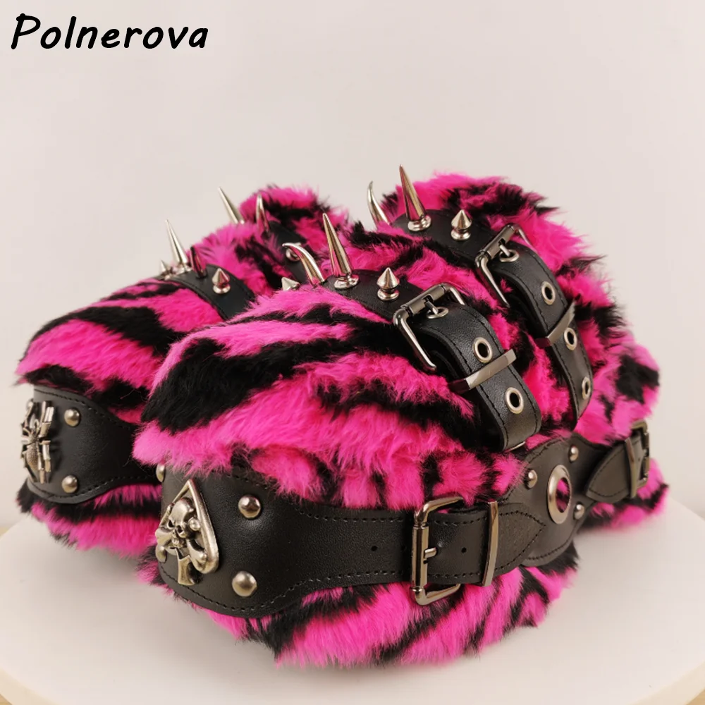

Rose Black Furry Rivet Slippers Thick Soled Metal Spider Buckle Belt Platform Punk Shoes Women's Fashion Punk Sexy Shoes