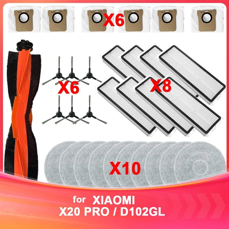

A63X-Compatible For Xiaomi Robot Vacuum X20 PRO / D102GL Vacuum Parts Main Roller Side Brush Hepa Filter Mop Cloth Dust Bag