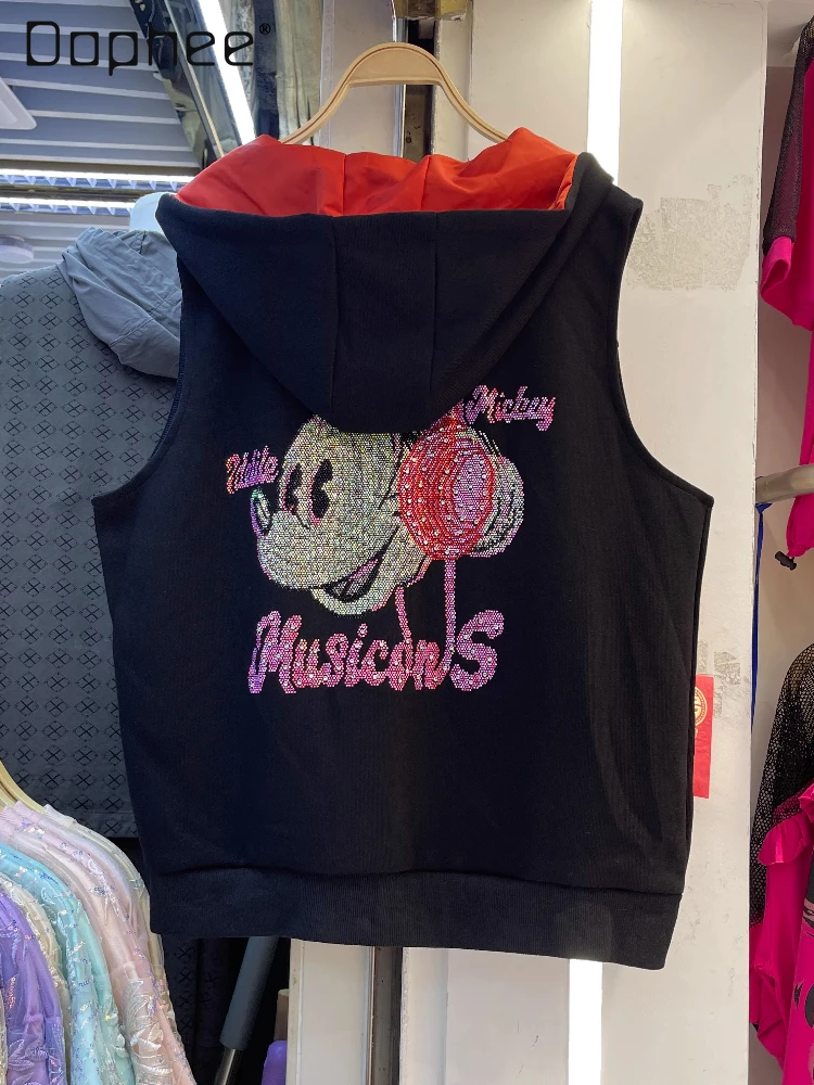 Hooded Vest for Women Spring and Autumn New Korean Fashion Versatile Loose Cartoon Rhinestone Vest Zip Up Sleeveless Jacket