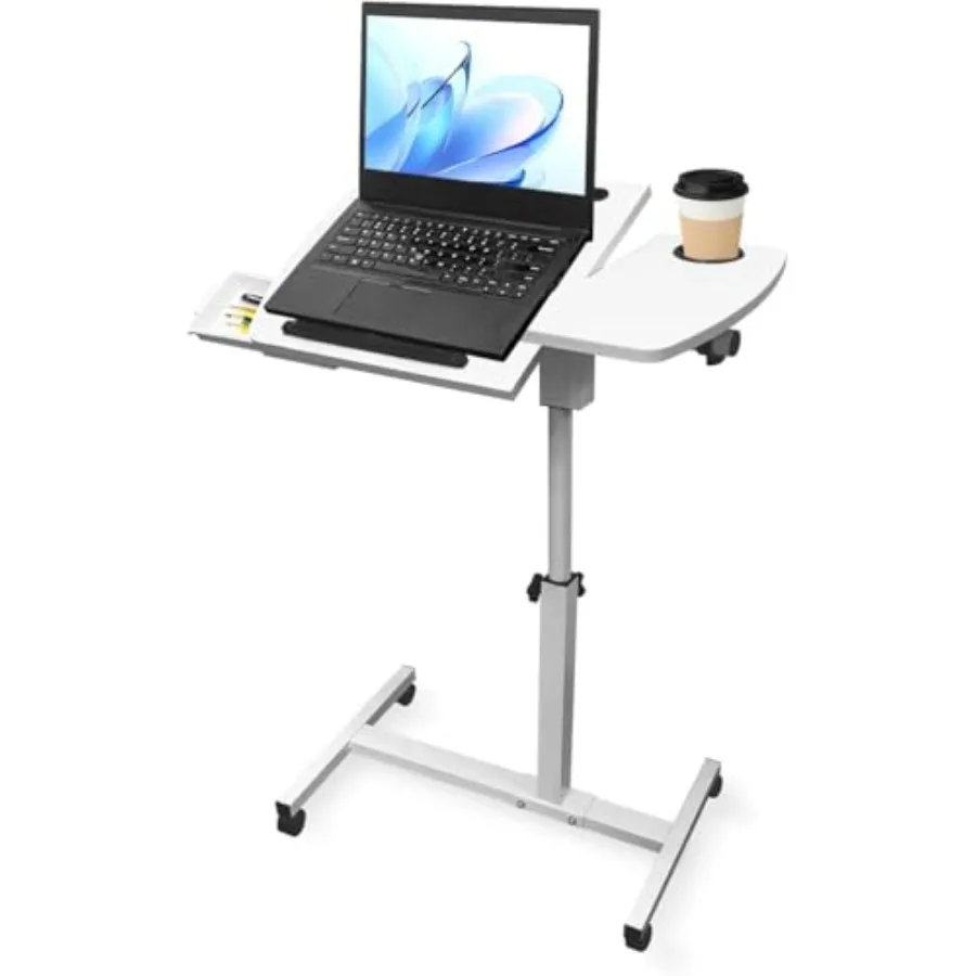 

Adjustable overbed bedside table for hospital, home, and classroom use; white plastic and steel construction; height adjustable