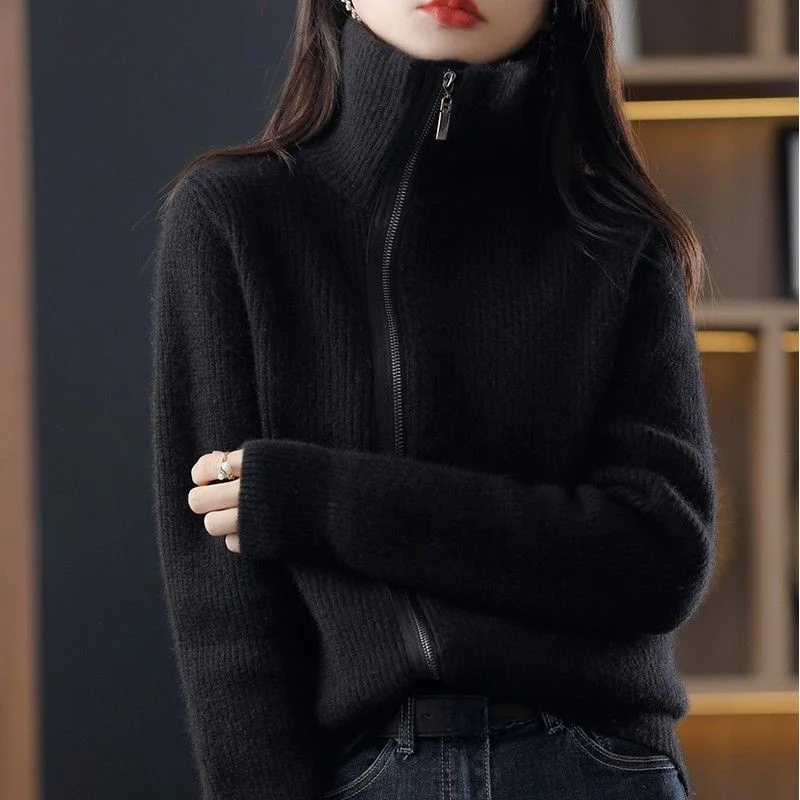 سترة نسائية محبوكة بسحّاب من Thiened سترة نسائية شتوية مفتوحة القمر Sle ملابس خارجية بياقة عالية سترة طويلة فضفاضة مناسبة