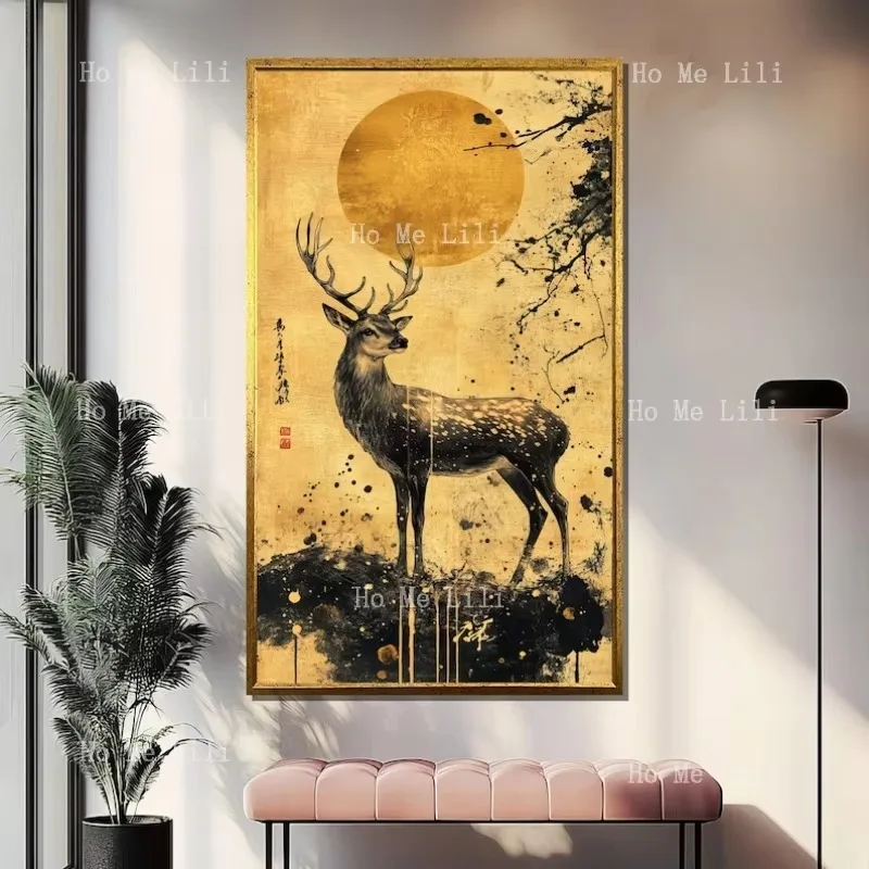 Goldenes Poster mit Hirschmotiv, ungerahmt, abstrakter Wand-Leinwanddruck, moderne Heimdekoration, Tierkunstwerk, Geschenk für Naturliebhaber