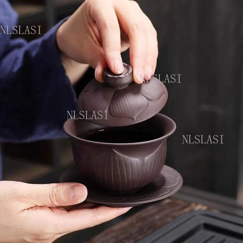 150ml Yixing Purple Clay Lotus Gaiwan Hand Carved Lotus Relief Tea Bowl Set Chinese Kung Fu Tea Brewing Cup Tea Ceremony Ware