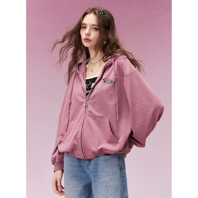 ELFSACK Sweet Casual Drawstring Hooded Short Jacket with Embroidered Detail, Soft Loose Fit Knit Hoodie Outerwear for Women