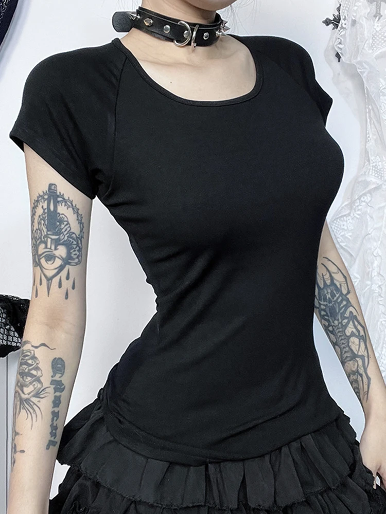 Women's Tops Gothic Directional Design New Dark Style Backless Flocked Printed T-Shirt