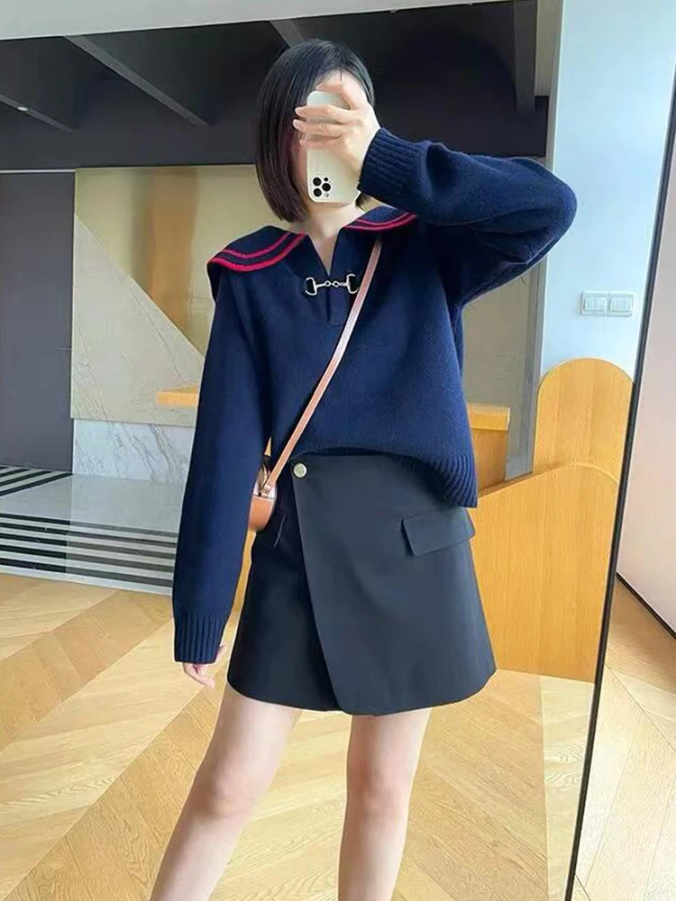 

Sweet Preppy Sle Knitwear Top Navy Collar Long Sve Soft Polyester Fiber Casual Wear for Women ort Length Striped Pattern