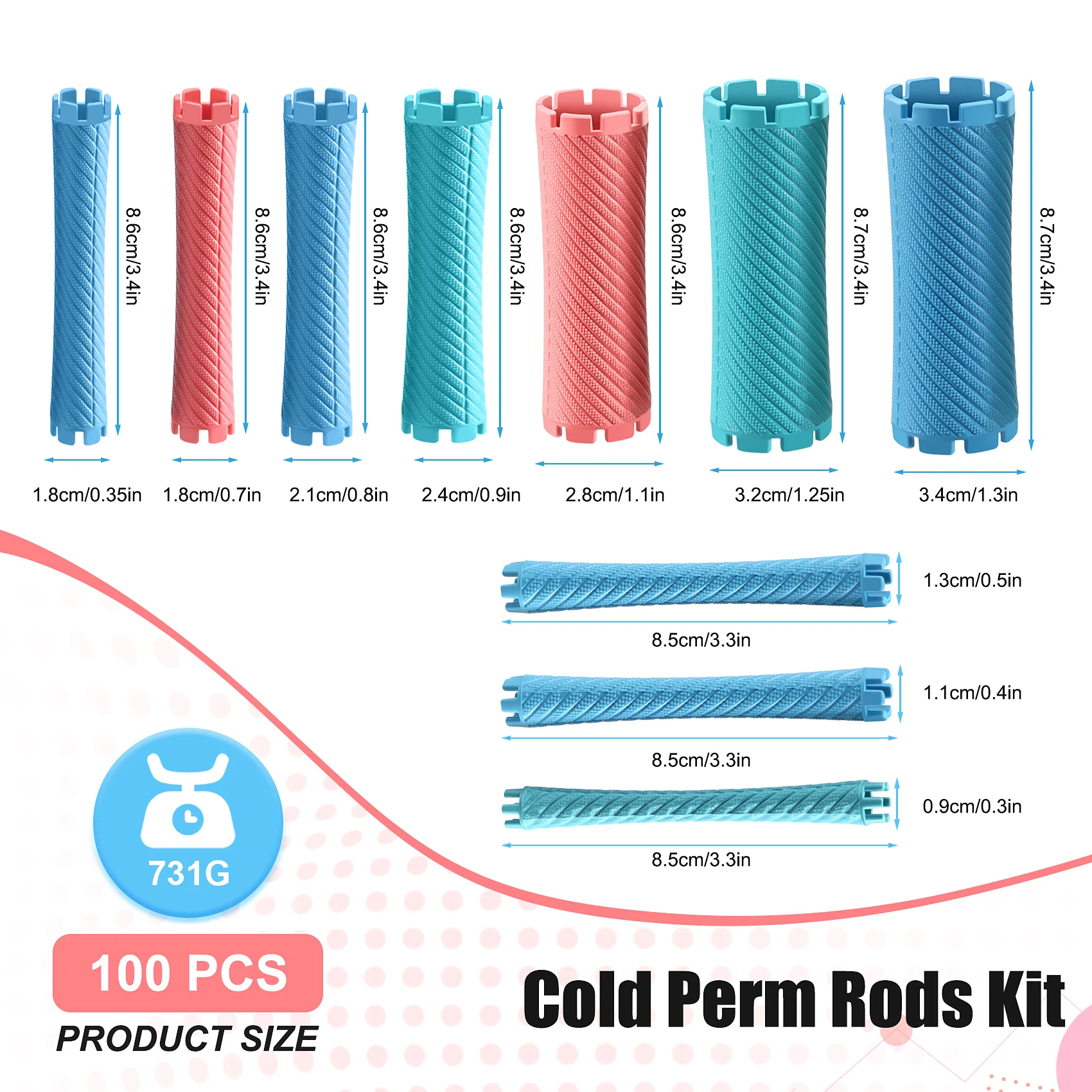 A753Z~100Pcs/Set 10 Sizes Hair Perm Rods Kit Cold Permanent Bar Plastic Curlers Rollers Set Wave Corn Hair Maker Styling