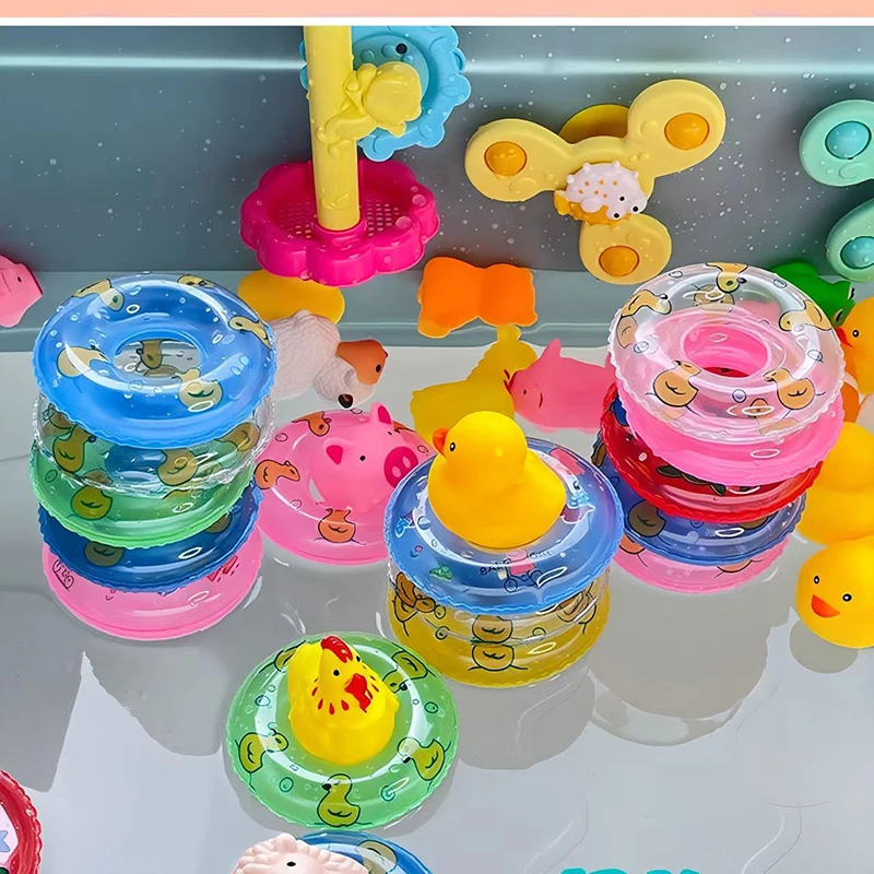 Kids Floating Bath Toys Mini Swimming Rings Rubber Yellow Ducks Fishing Net Washing Swimming Toddler Toys Water Fun