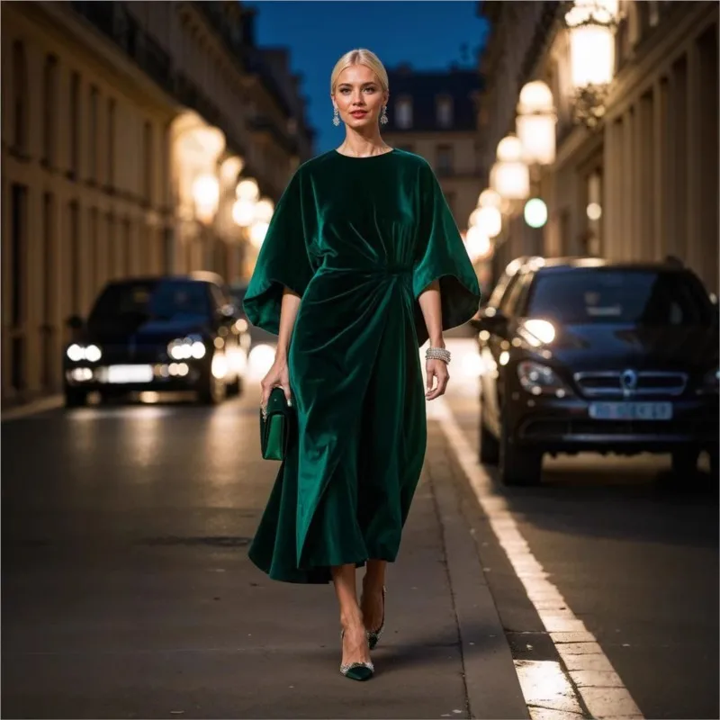 

Elegant Chic Gold Velvet Long Dresses For Women 2025 Autumn New Batwing Sleeve Ruched Waist Solid Party Dress Spring Vestidos