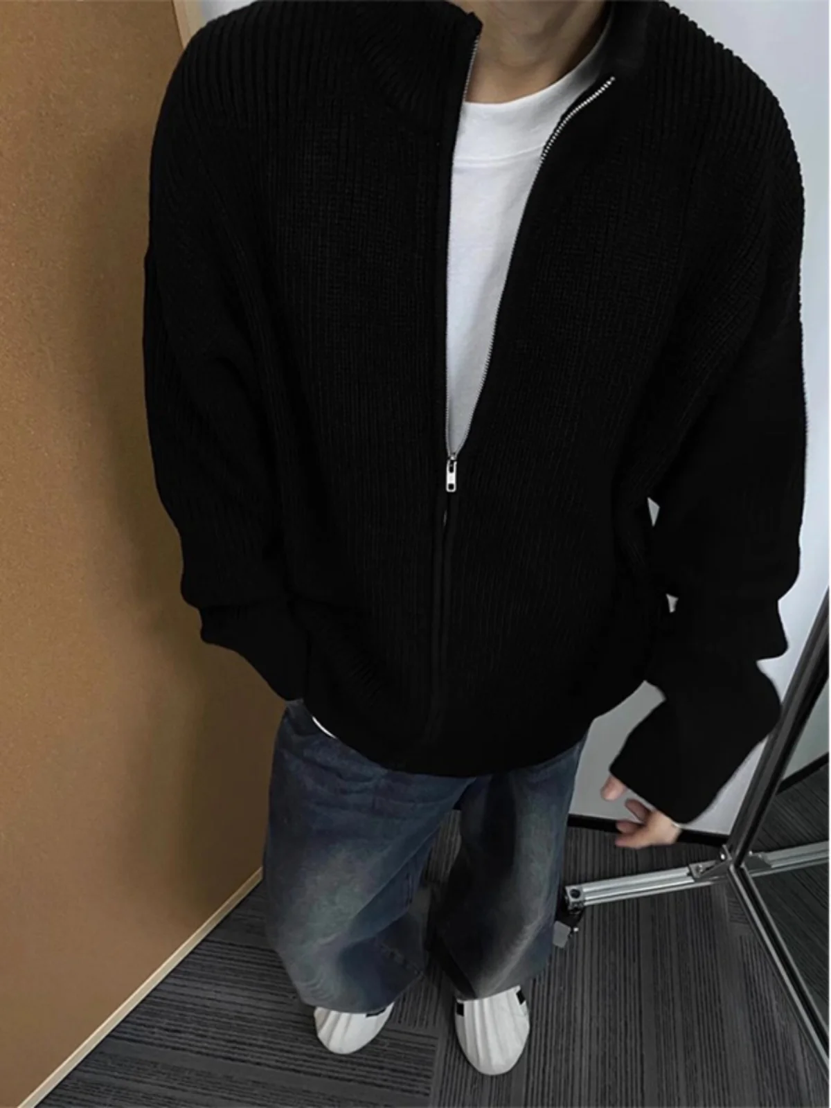 ay Maglione lavorato a maglia con cerniera da uomo Trendy Lazy High-End Cleanfit American Retro Cardigan aperto Jaet Loose Fit oulder Pad