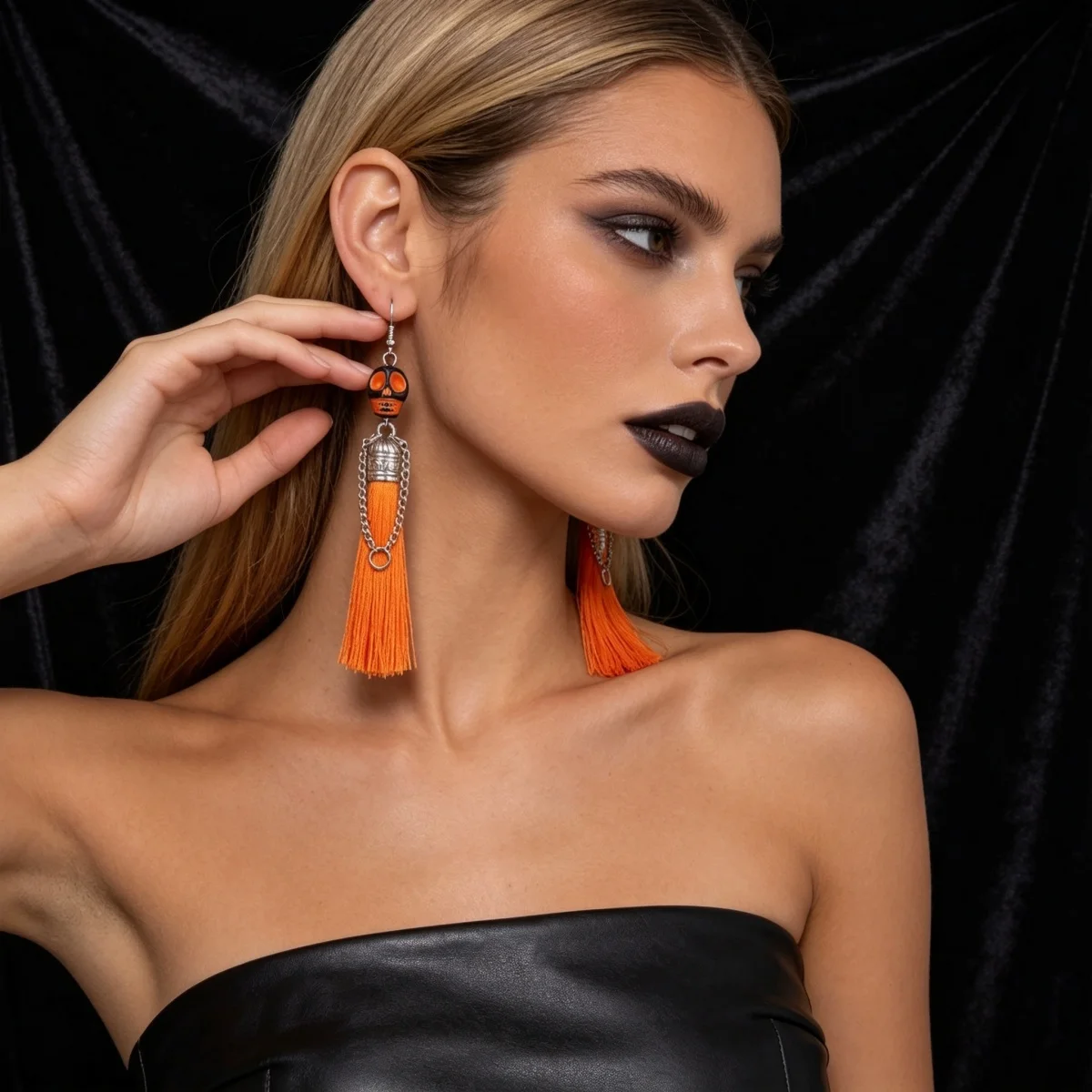 Halloween-Ohrringe mit bunten Quasten und Totenkopf-Anhänger für Damen, Punk-Street-Vintage-Cosplay-Ohrringe mit Skelett-Motiv, Schmuck – Detail 14