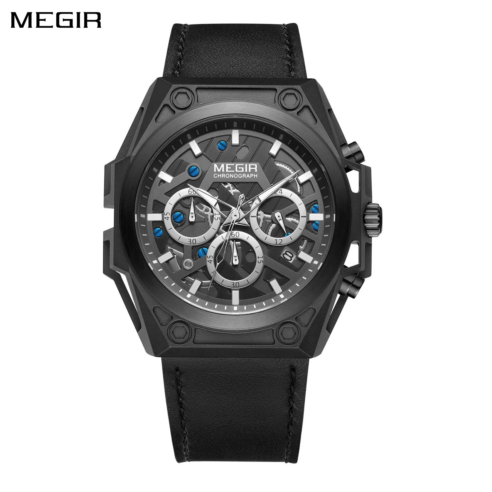 MEGIR Fashion Multifunctional Quartz Watch Men Leather Strap Sports Military Wristwatch Waterproof Luminous Chronograph Clock