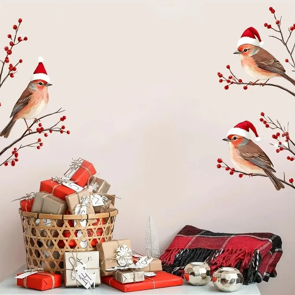 Three Birds in Santa Hats Christmas Window Sticker Merry Christmas Theme New Year Design Electrostatic Glass Sticker