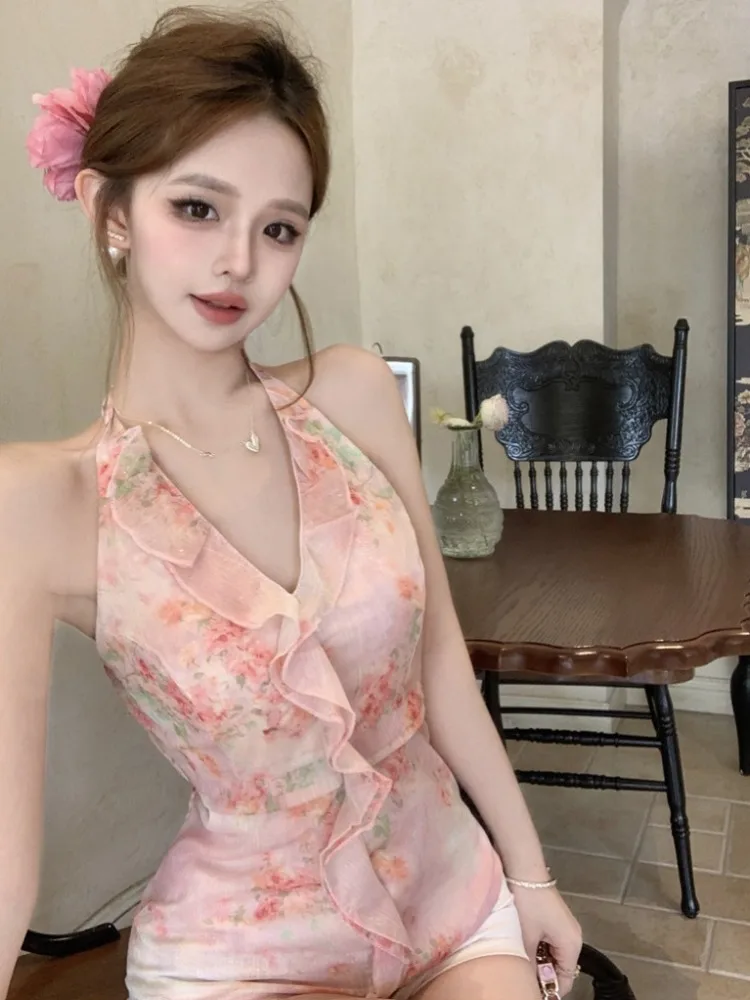 

Sweet Girl Style Gentle Ruffle Hem Floral Neck Vest Summer Pure Desire Sexy V-neck Slim Fit Top Korean Version Knitted Crop Top