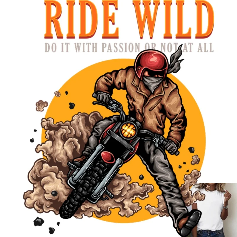 Ride Wild Biker Graphic Heat Transfer White Ink Iron - on Patch, Trendy Street Style, Suitable for T - shirts/Canvas Bags, Show