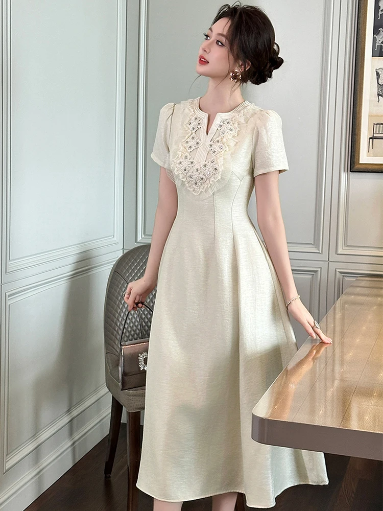 เกาหลีสไตล์ฝรั่งเศส Socialite PARTY Dress สําหรับผู้หญิงเพชรดอกไม้กระเป๋าพับ Swing Robe หญิงพรหม Vestidos Mujer