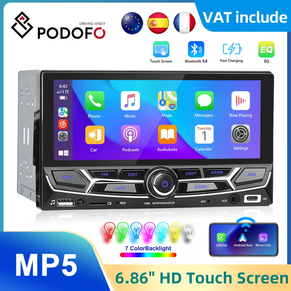 Podofo 2din 6.86” Car MP5 Player For Universal Carplay Android auto Bluetooth FM Radio Receiver Support TF/USB Car Radio