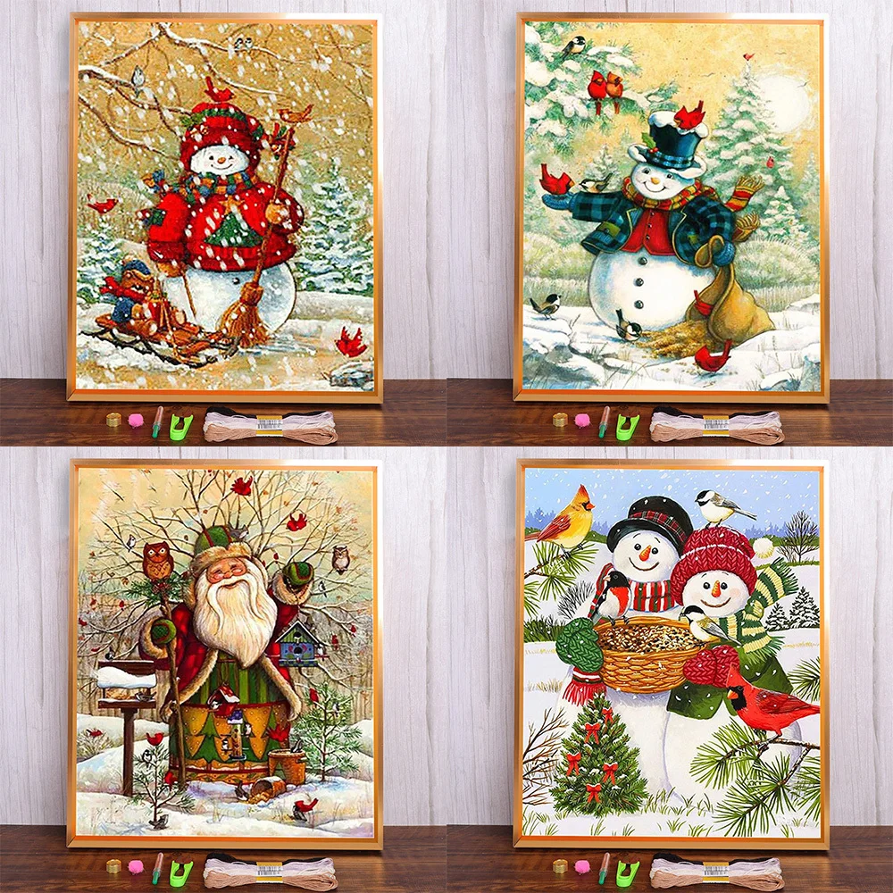 

Christmas Santa Snowman Printed Canvas Cross-Stitch Set Embroidery Craft Needlework Painting Handiwork Stamped Jewelry Package