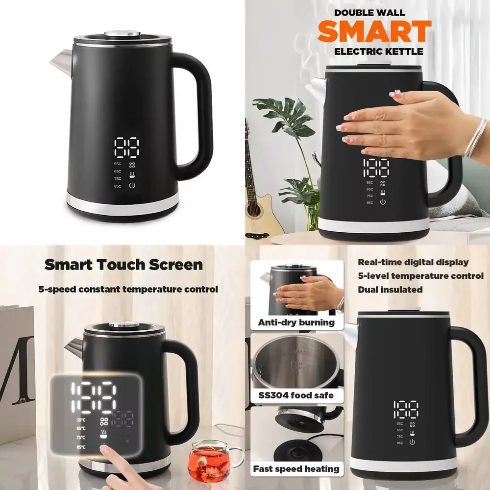 

1.7L Portable Double Wall Automatic Electric Kettle 1500W Cordless Kettle with Modern Design for Home Use