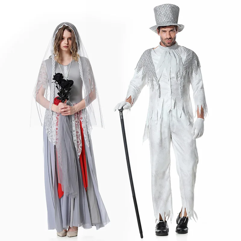 Zombie Bride and Ghost Groom Cosplay Uniform for Women & Men or Couples Scary Vampire Zombie Costume Adult Halloween Party Dress