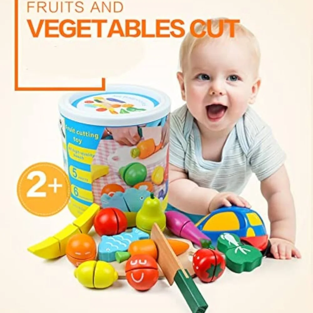 

Wooden Play Food for Kids Kitchen Cutting Fruits Toys for Toddlers Pretend Vegetables Gift for Boys Girls Educational Toys