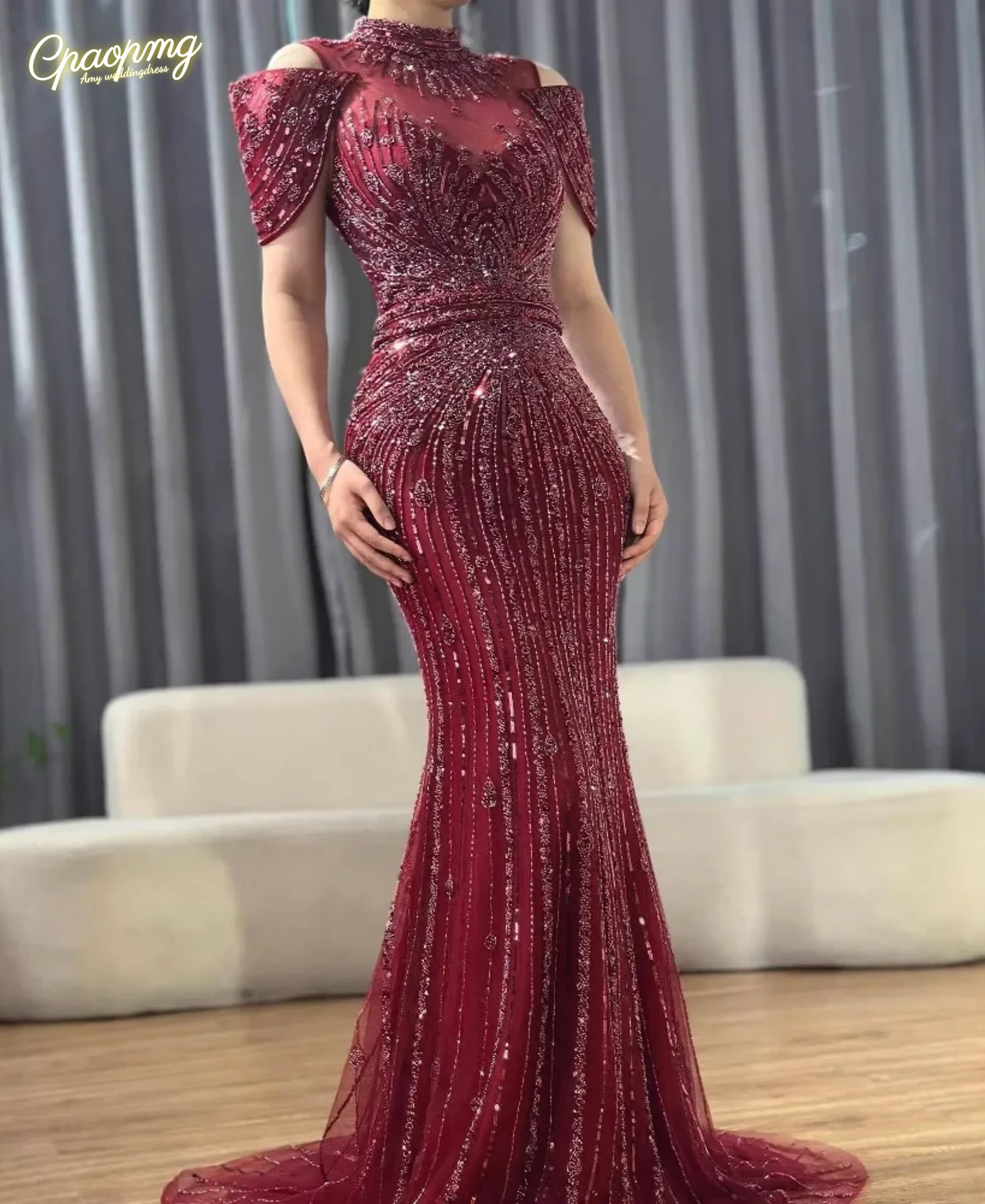 

Роскошное бордовое вечернее платье русалки с бисером по индивидуальному заказу, элегантное женское свадебное платье с высоким воротом