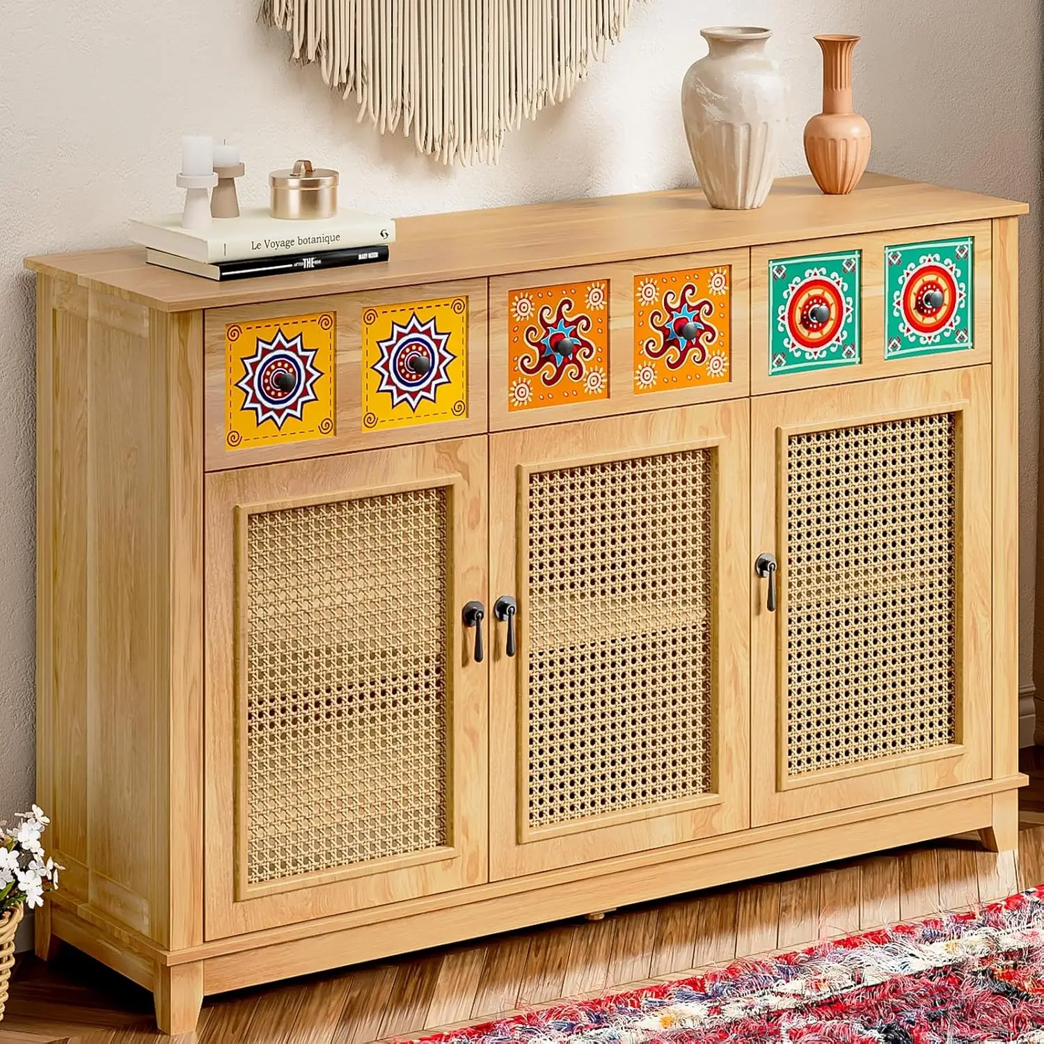 Sideboard Buffet Rattan Cabinet With Storage, Boho Accent Credenza Storage Cabinet With 3 Decorated Doors And 3 Drawers,