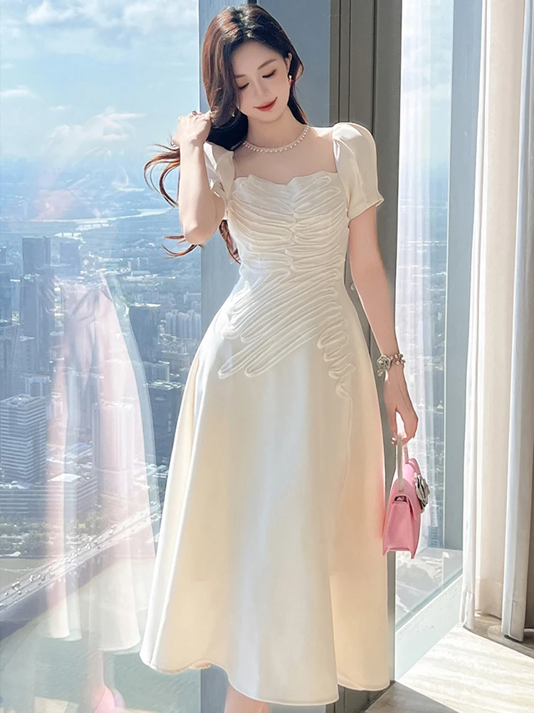 New Summer Casual White Sweet Evening Dress Women Clothes Elegant Retro Sheer Sexy Puff Sleeve Slim Midi Robe Party Prom Vestido