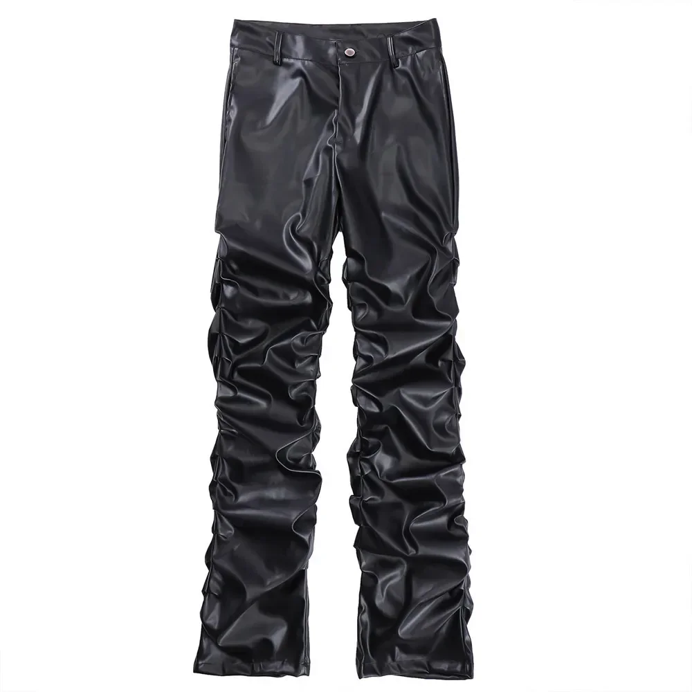 Punk Stil Leder Hosen Männer Hip Hop Streetwear Baggy Shiny PU Schwarz Leder Hosen Plissee Design Gestapelt Y2k Hosen Männer Casual