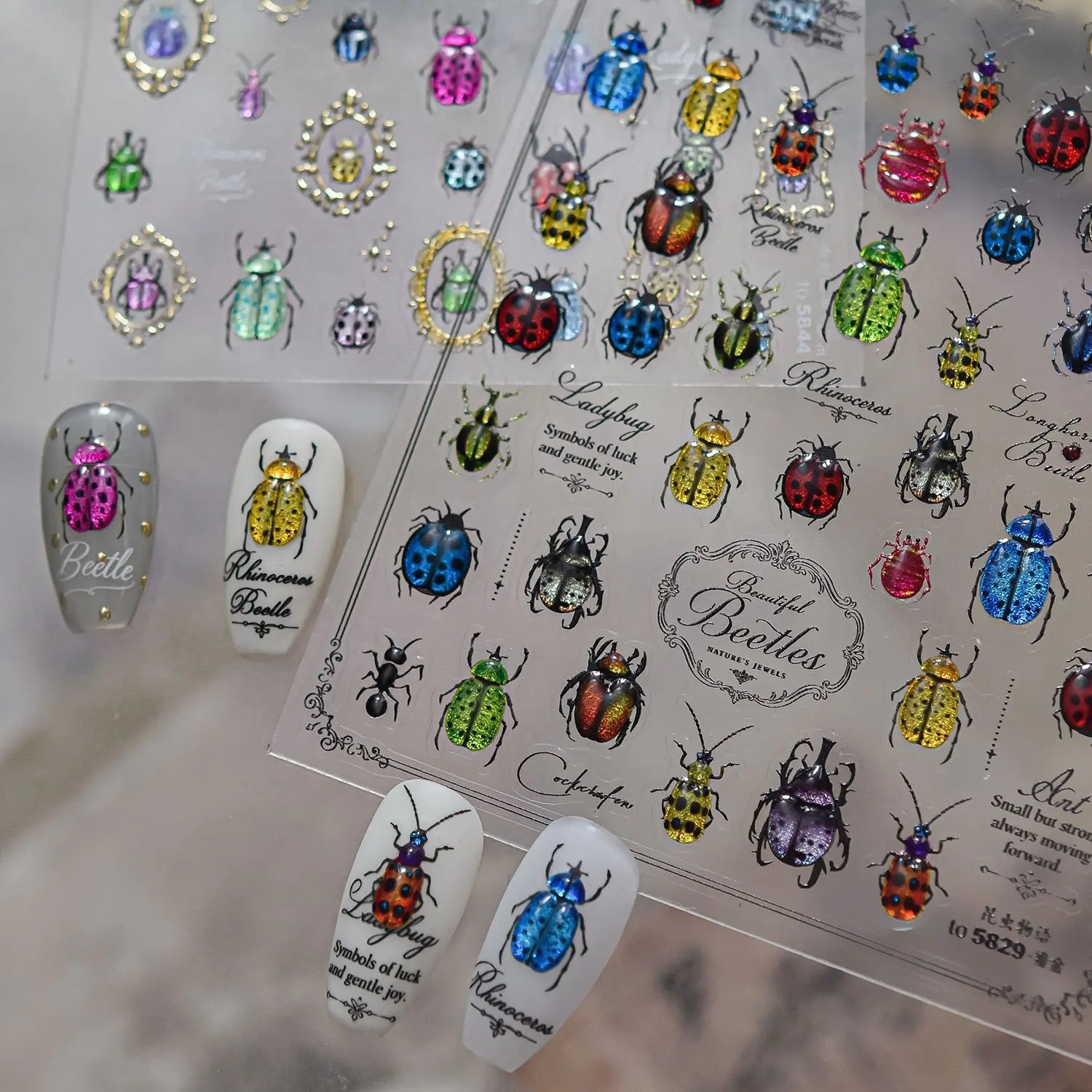 Delicate Beetle Lucky Little Wings 5D Nail Stickers Luxury Retro Gold Border Frame Stars Self-adhesive Nail Art Decor Manicure