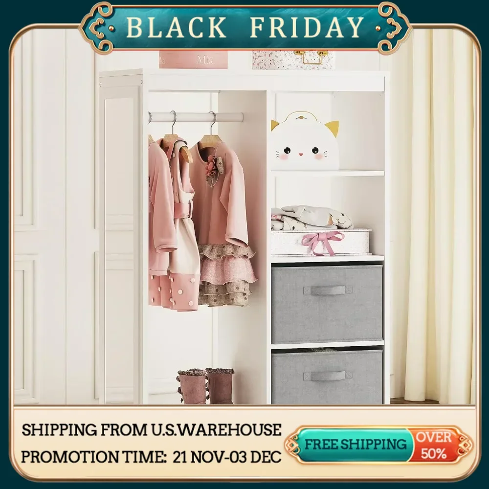 Kids Dress Up Storage with Full Length Mirror, Kids Armoire with 2 Storage Bins, Opening Hanging Costume Closet Wardrobe