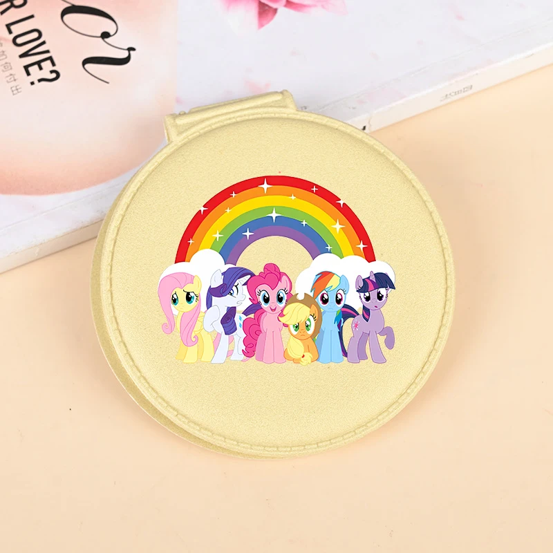 Kawaii My Little Ponys 화장품 돋보기 메이크업 거울 귀여운 애니메이션 라운드 포켓 컴팩트 메이크업 룩 유리 키 체인 포함 New