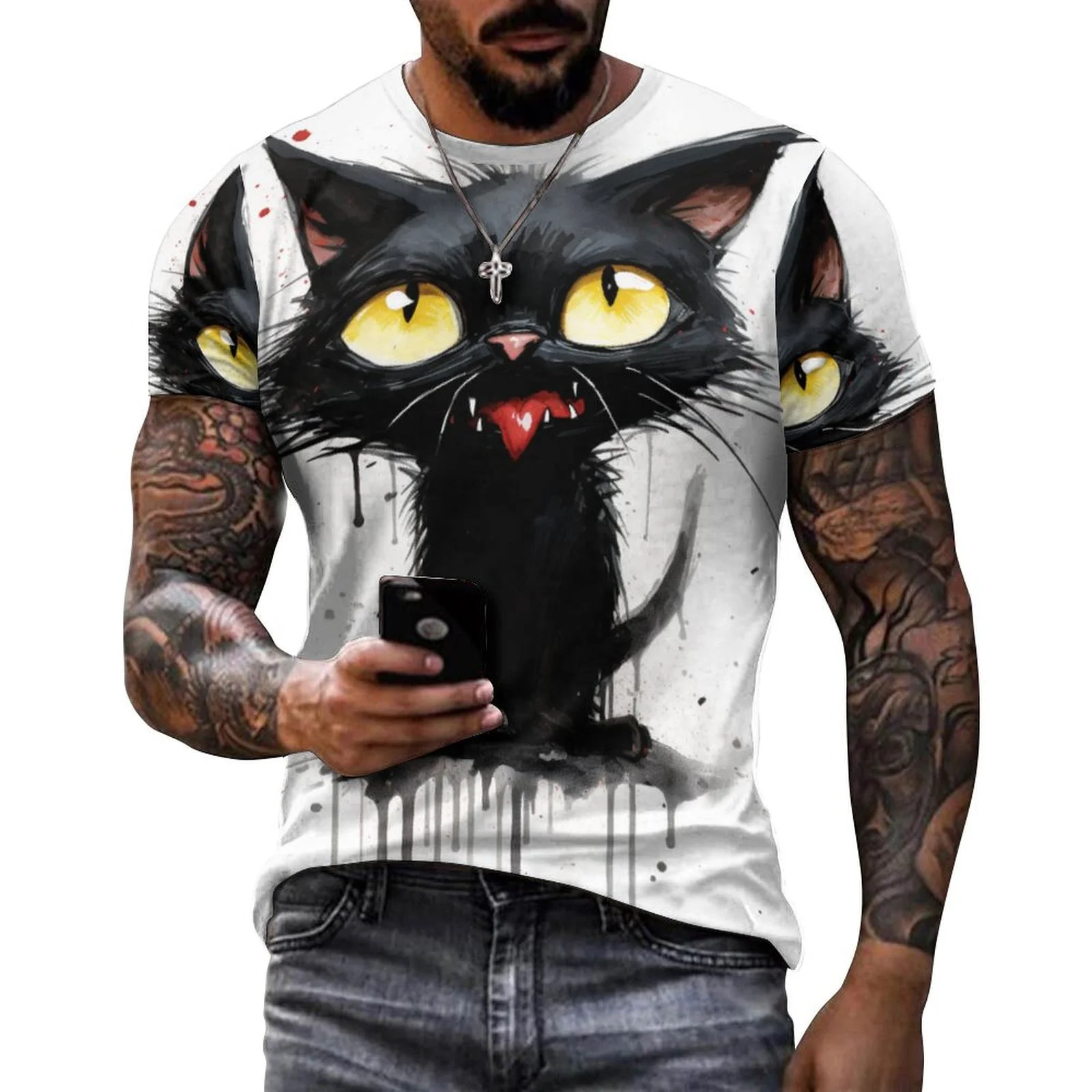 2024 Men's 3D Graffiti Strange Cat Pattern T-shirt, Casual Cool Micro Stretch Breathable T-shirt, Outdoor Summer Men's Wear