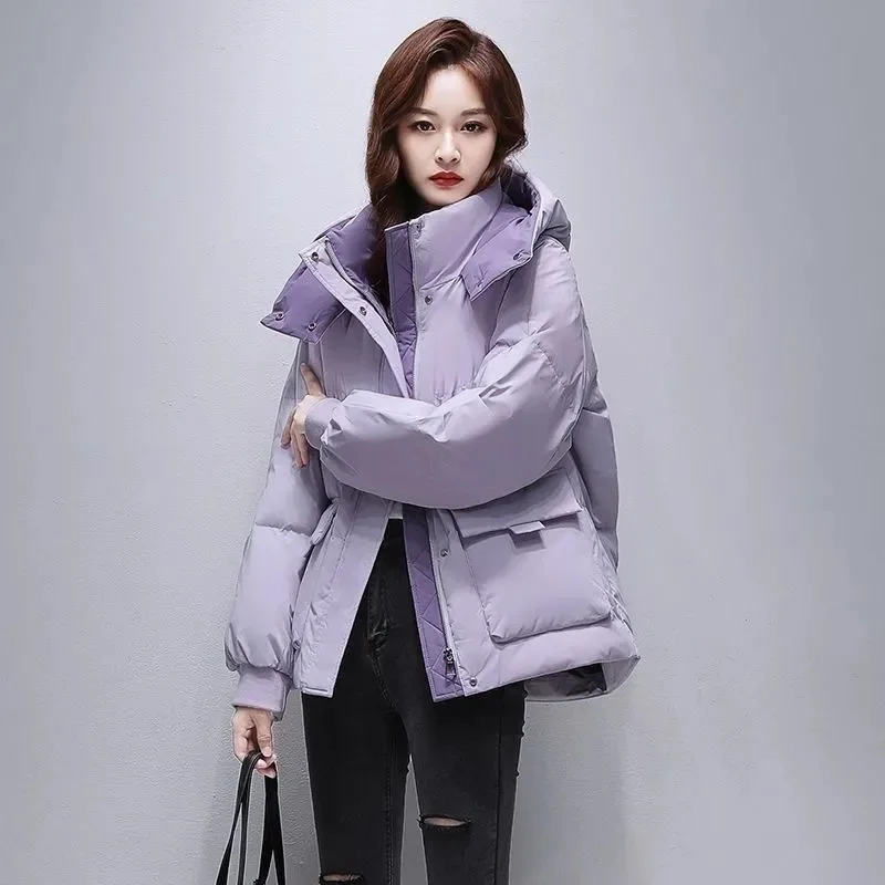 Female Splicing Together Cotton Padded Top Korean Women Loose Fitting Down Cotton Jacket 2024, женские короткие парки с капюшоном, верхняя одежда