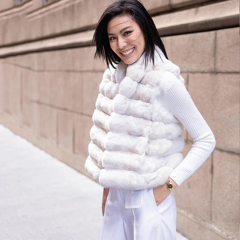 Ftangaiur Zimowy Import Czysta Biel Cyjanowy Niebieski Płaszcz-Kamizelka z Szynszilli Dekolt w Serek Damski Elegancki Krótki Naturalny Kolor Kamizelki z Szynszilli