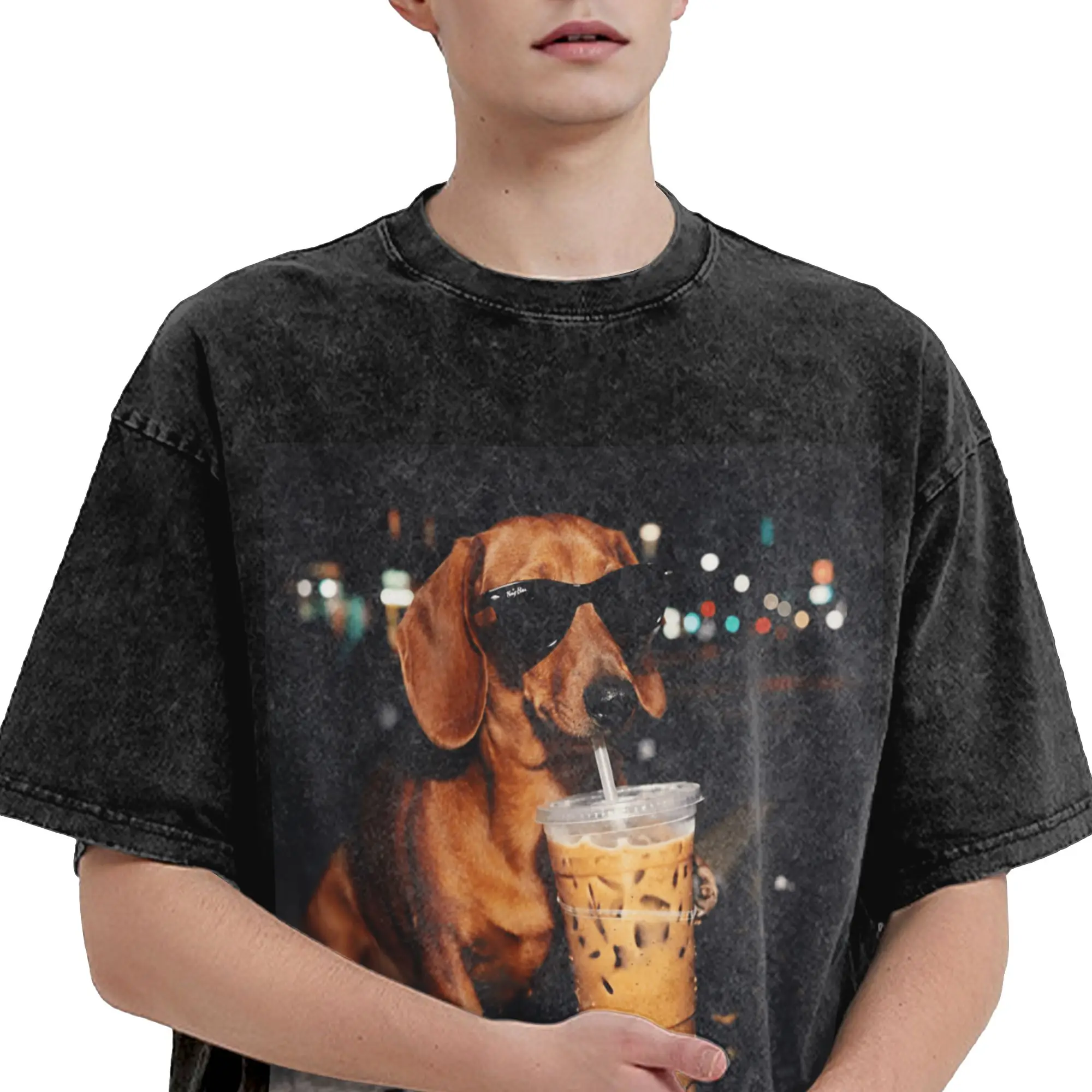Funny Dachshund Drinking Iced Coffee Lover Humor T Shirt  Trending T-Shirts Short-Sleeve Crewneck Oversize Clothing